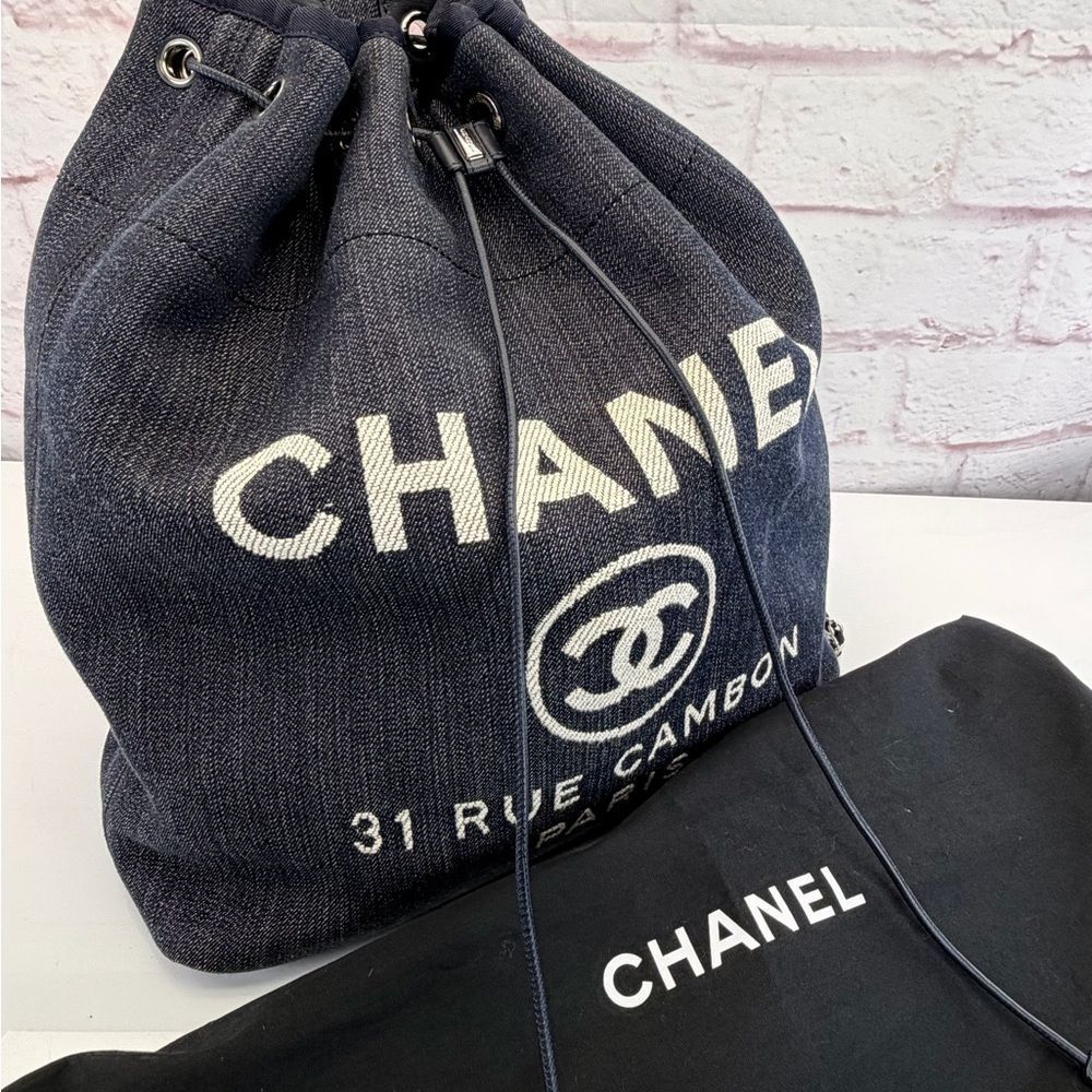 Chanel Deauville Large Navy Denim Canvas Drawstring Backpack - Picture 14 of 15